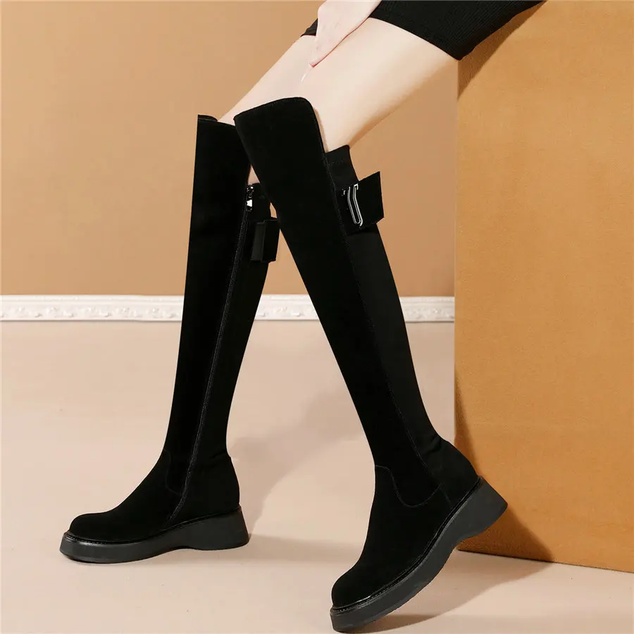 

Stretchy Thigh High Motorcycle Boots Women Genuine Leather Over The Knee High Riding Boots Female Winter Platform Oxfords Shoes