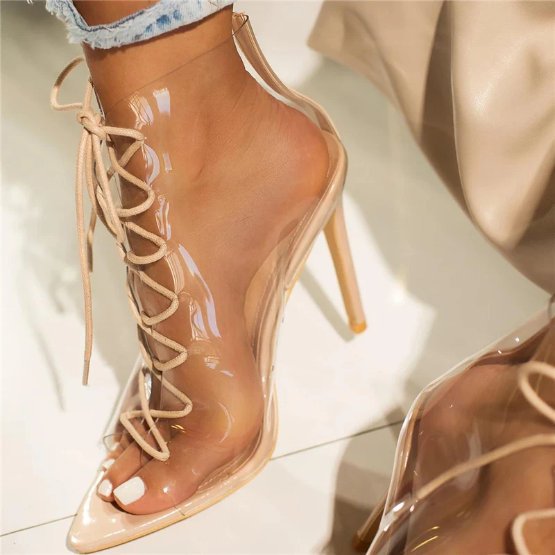 Летние пикантные женские босоножки телесного цвета обувь на высоком каблуке 11 5 см с перекрестными