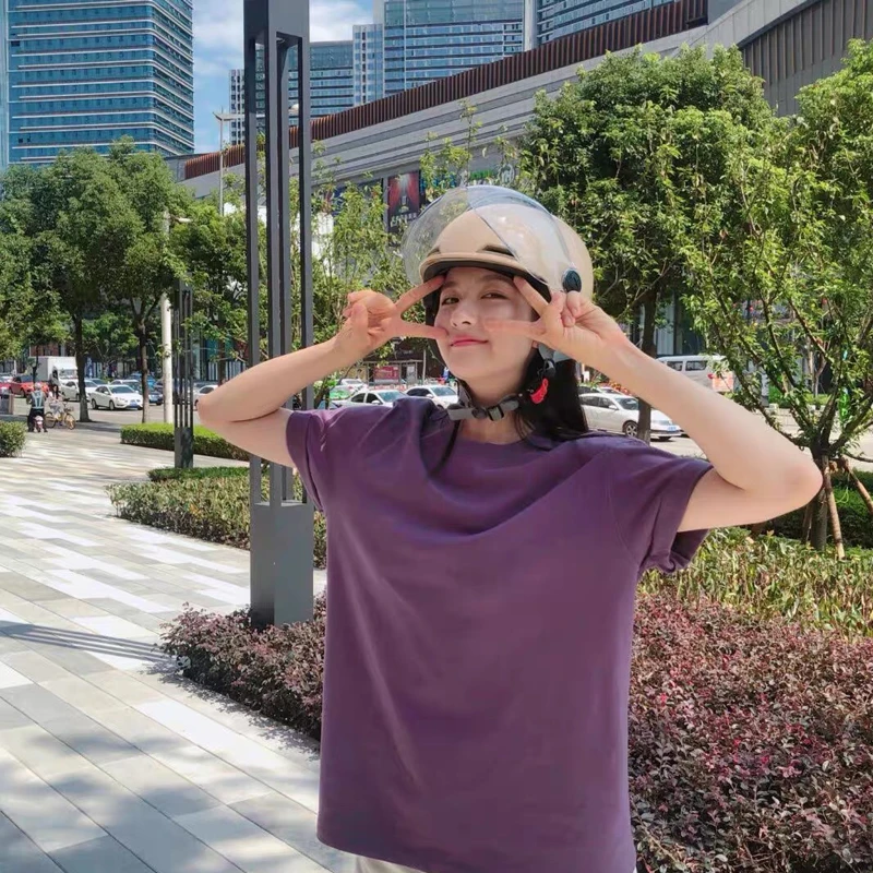 

T-Shirt Women Short Sleeve Harajuku Cotton Tee Young Girls Loose Casual Summer Tops Ulzzang Chic Purple Simple All-Match Tops