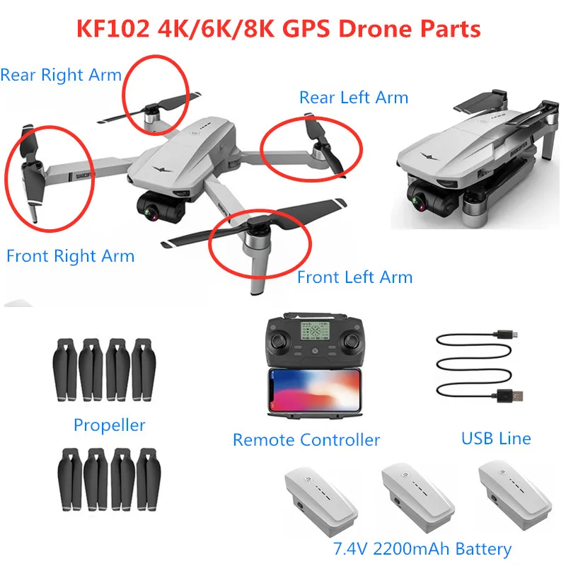 

KF102 GPS 8K 2-Axis Gimbal Brushless RC Drone Spare Parts 7.4V 2200MAH Battery Propeller Arm With Motor KF102 PRO Accessories