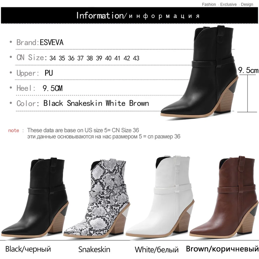 

ESVEVA 2020 New Autumn Winter Snakeskin Square High Heel Ankle Boots Sexy Pointed Toe PU Leather Slip on Women Shoes Size 34-43