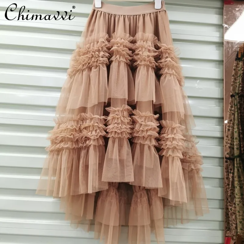 

Korean Style Sweet Solid Color Skirt Women Layered Streetwear Long Cake Skirt Female Irregularly Slimming Gauze Skirt