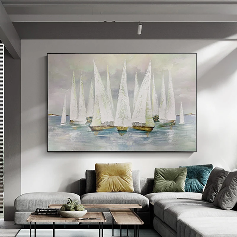 

Handmade Abstract Oil Painting On Canvas Sea And Sailboat Home Decoration Gift
