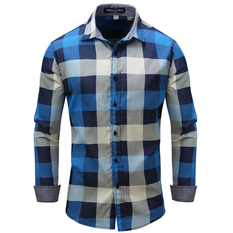 Nice Men Shirt Cotton Plaid Long Sleeve VogueSlim Blue Mens Clothing Camisa Masculina Europe Size Fashion | Мужская одежда