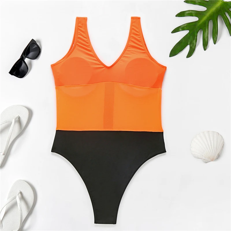 Оранжевое на молнии сдельный купальник 2019 сетчатый из кусков для женщин