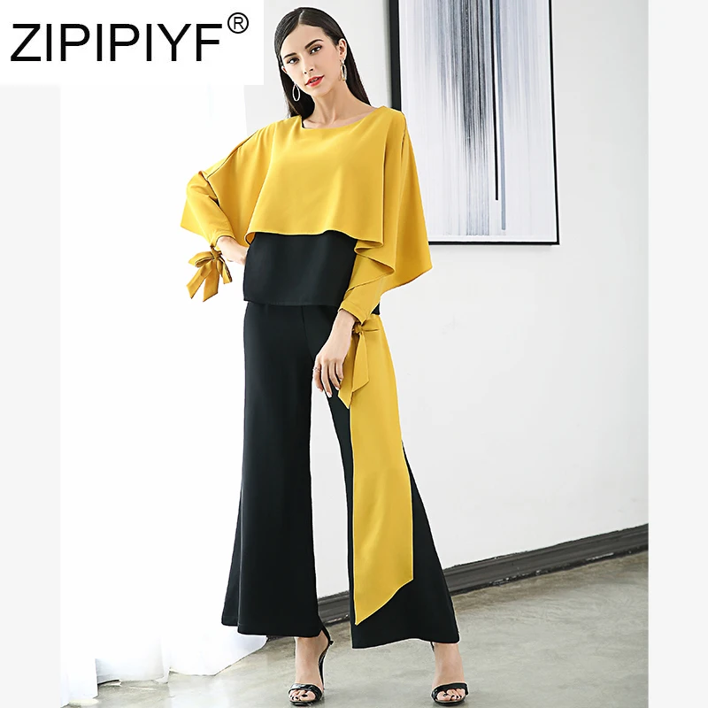 

Костюм из двух предметов на раннюю весну 2020 года, элегантный дамский Топ с рукавами плащ + модные женские брюки с широкими штанинами C166