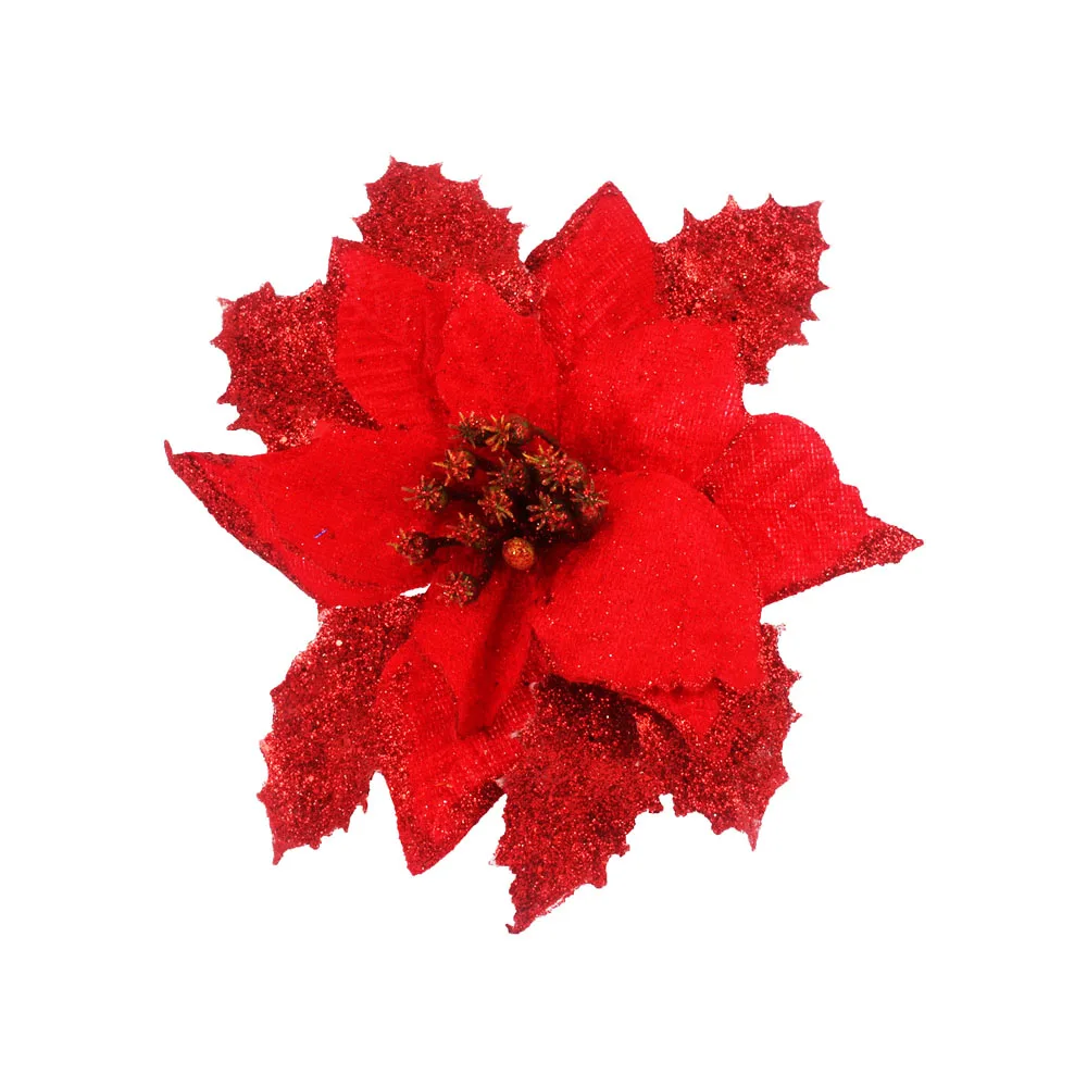 Red(17cm) 12pcs/lot Artificial Christmas Flowers Plastic&Cloth Glitter Hollow Flower For Christmas Tree Decoration DIY Xmas New Year Decor - Цвет: Red(17cm)