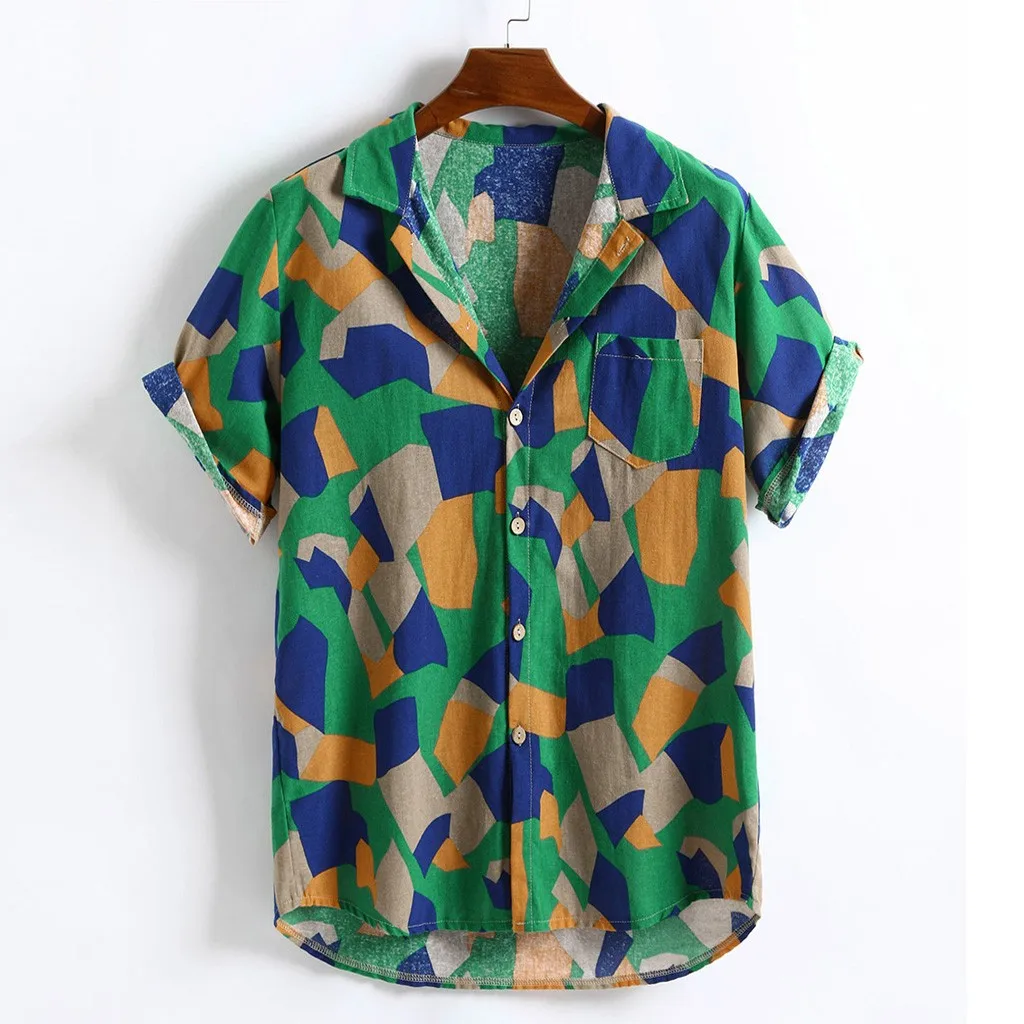 Рубашка мужская с принтом гавайская хлопково-Льняная Свободная Повседневная