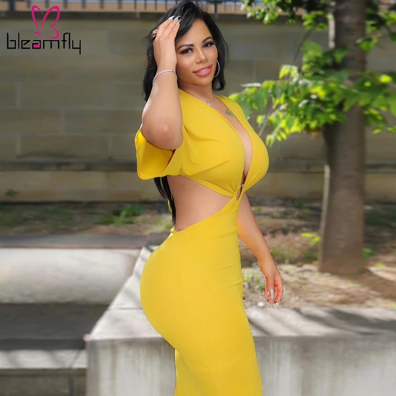 Новинка лета 2019 женское облегающее платье миди с коротким рукавом и глубоким v