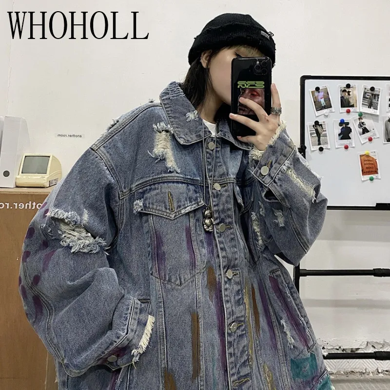 

Denim Jacket Women's Korean ins color graffiti BF wind blown hole loose and versatile new style jacket trend in autumn and
