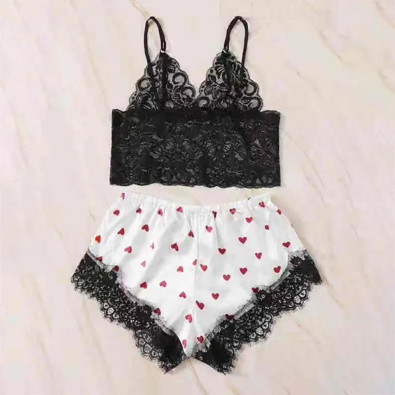 Комплект сексуальной пижамы кружевные атласные топы на бретельках с принтом