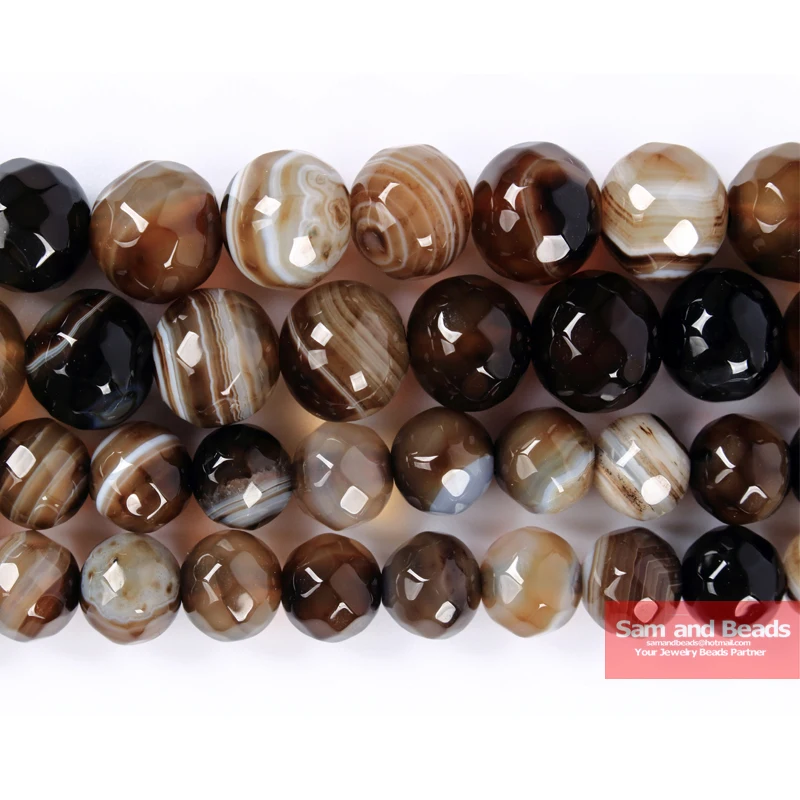 

Natural Stone Faceted Coffee Stripe Agates Beads 4.6,8,10,12mm Pick Size For Jewelry Making PSB01