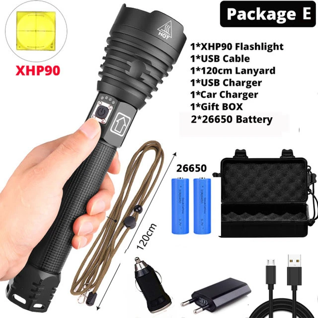 E Самый мощный XHP90 светодиодный фонарик XLamp Zoom Torch XHP70.2 USB Перезаряжаемый тактический фонарь 18650 или 26650 ходовой охотничий фонарь - Испускаемый цвет: E