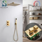 Золотой Термостатический смеситель для душа в ванную комнату 8 дюймов 10 дюймов 12 дюймов 16 дюймов ультратонкая головка для Дождевого душа с настенным креплением встраиваемая коробка смеситель клапан