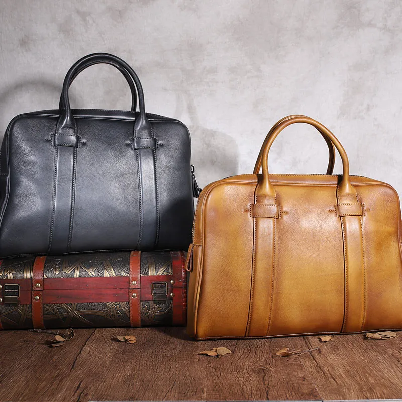 Retro fashion high quality natural genuine leather men's large capacity laptop handbag designer lawyer work office business bag
