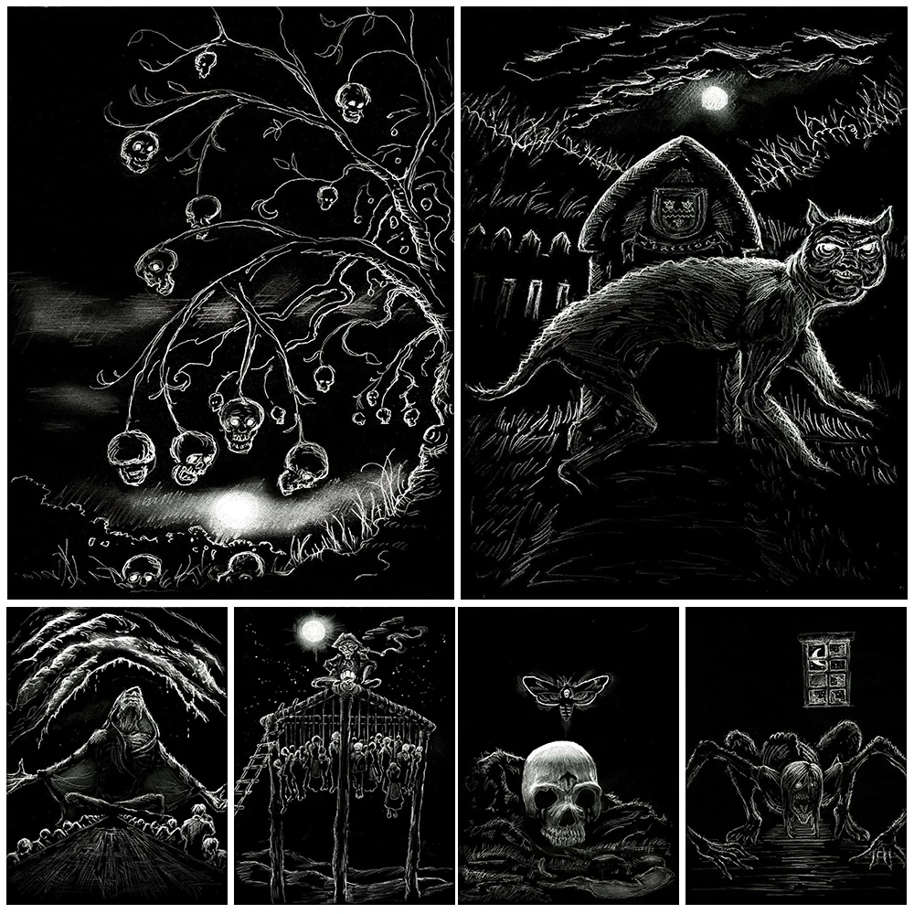 

Scary Dream Black And White Chalk Painting Wall Art Canvas Paitning Home Decor Skeleton,Black Cat,Black Magic Poster And Prints