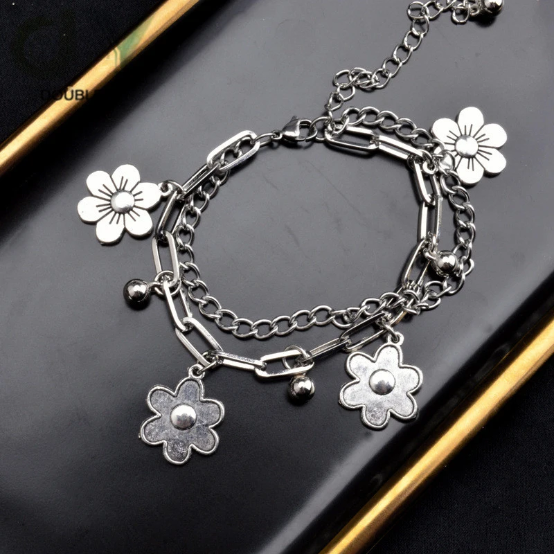 

2 Pcs Flower Double Layer Bracelet Retro Flower Bracelet For Girl Palace Style Silver Fashion 925 Jewelry Flower Bracelet