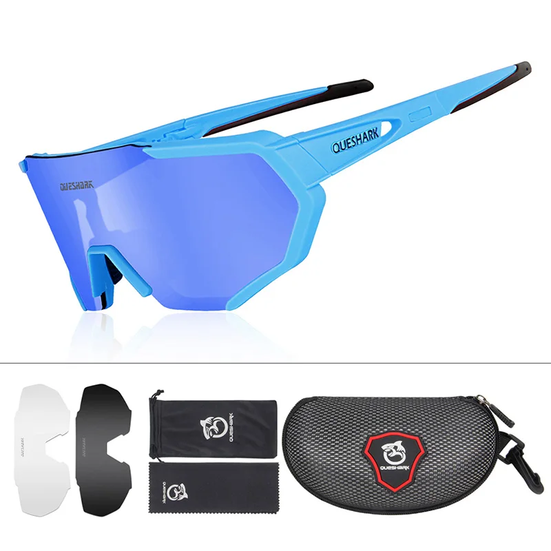 3 Lens Blue QUESHARK, дизайн, очки для велоспорта для мужчин и женщин,, полностью покрытые линзы, UV400, поляризационные, 3 или 4 линзы, всего - Цвет: 3 Lens Blue