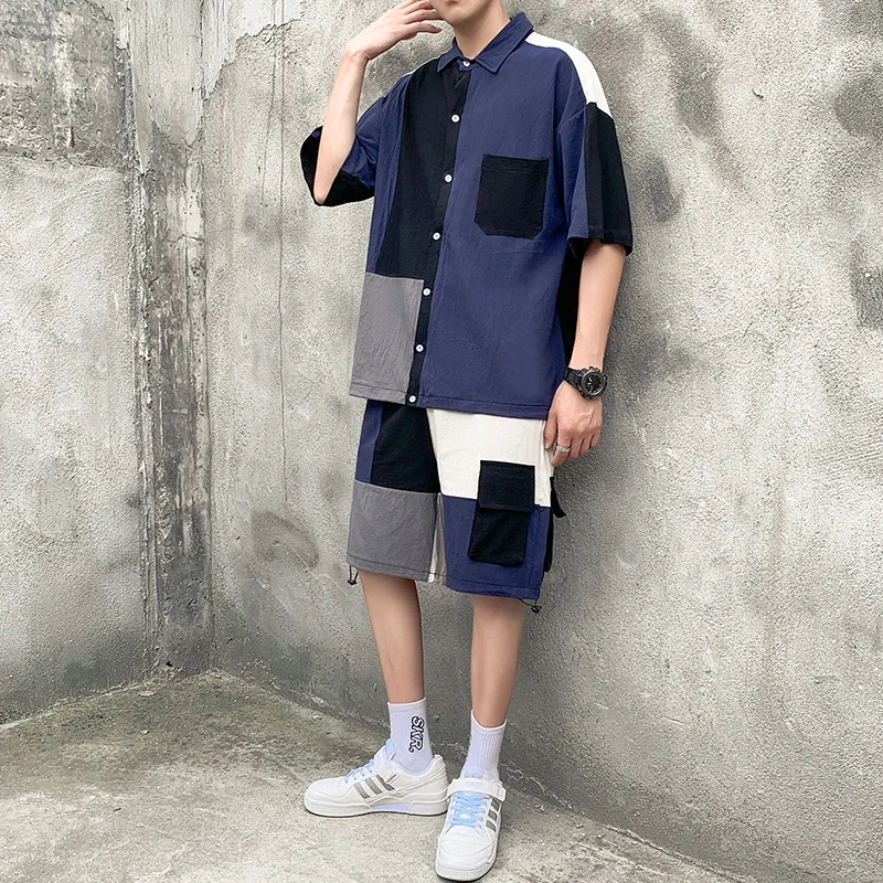 

Men's Set Clothing Shirt Shorts Patchwork Pocket Korean Style Summer Oversized Casual Short Sleeve Shirts Knee-Length Pants