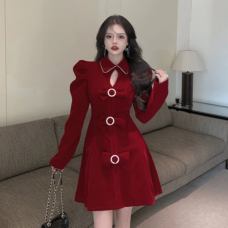 

KUSAHIKI Korean Velour Women Dress Puff Sleeve Turn-down Collar Dresses Sweet Bowknto Hollow-out 2021 New Vestidos Femme 6E531