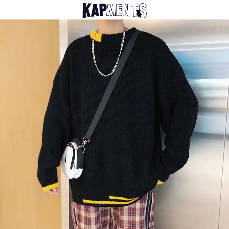 

KAPMENTS Mens Korean Patchwork Sweaters Pullovers 2022 Autumn Men Black Harajuku Knitted Sweater Male Streetwear Vintage Sweater