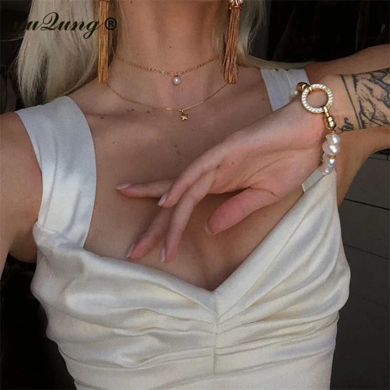 yuqung Women satin silk v neck Camis Streetwear Summer Ruched Pleated Short Tank Tops 90s Cool Girls Slim Crop Top Tees | Женская одежда