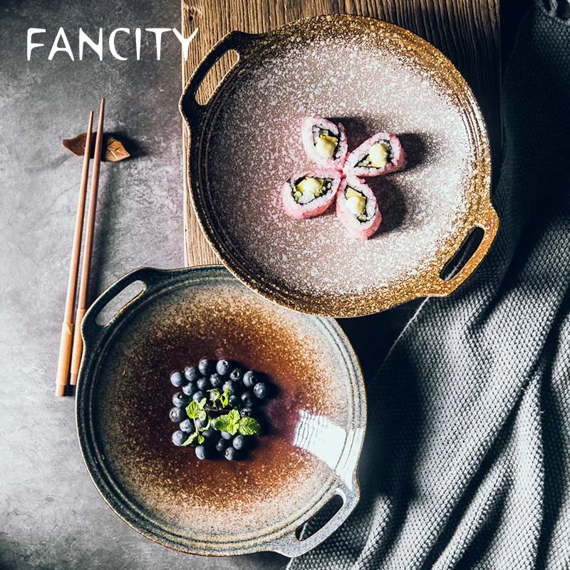 

FANCITY Large size disc with double ears Large size ceramic plate color glaze high-end porcelain plate household vegetable dish