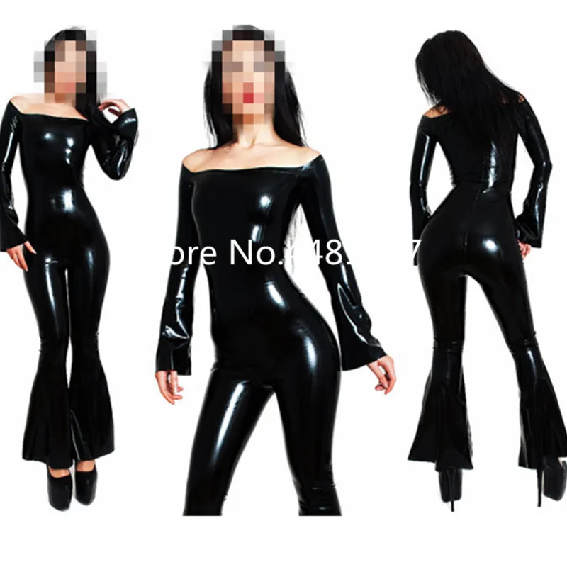 Латексный резиновый комбинезон с длинными рукавами облегающий молнией сзади