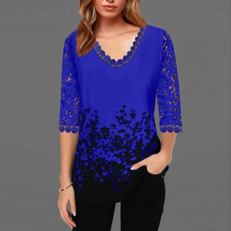 

Womens Casual T-shirts Solid Color Middle Sleeved T-shirt Autumn Lace Plus Size