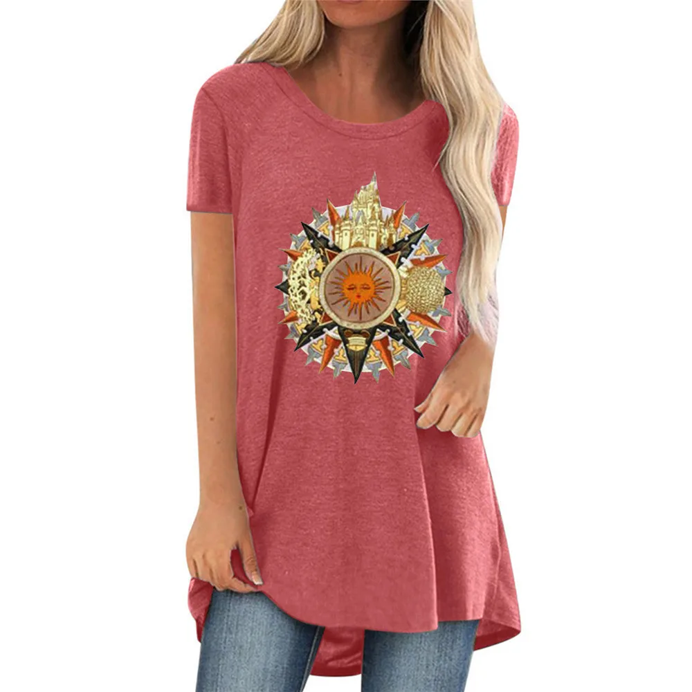 

Womens Summer Long T-shirt Fashion Short Sleeve O-neck Tees Loose Casual Creative Sun Print Tops 2021 Female Clothing