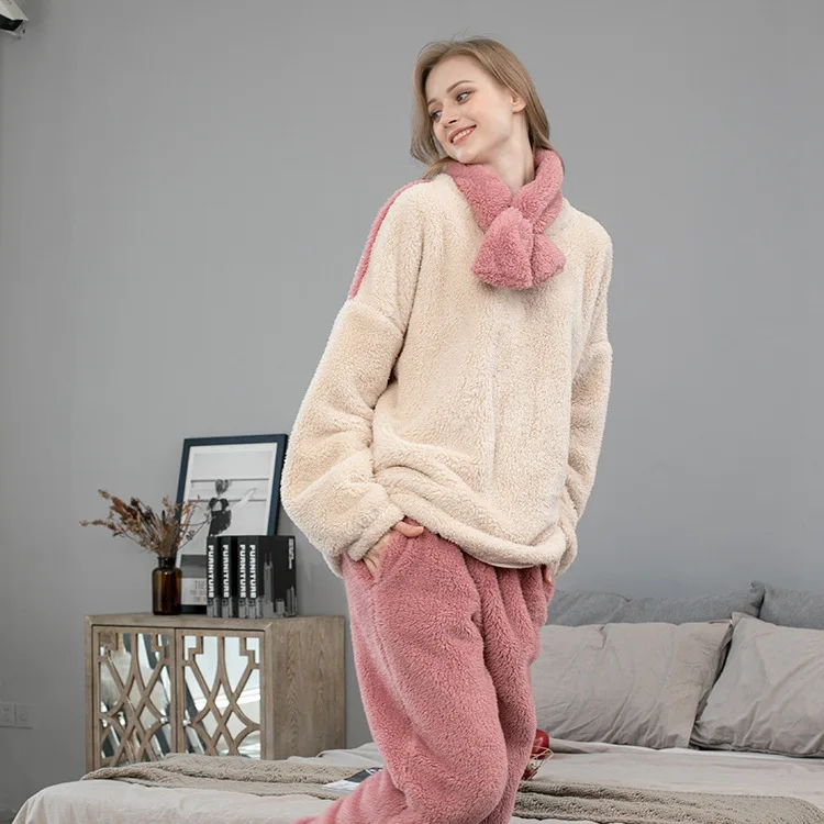 Plus Size Pajamas Plush Think Flannel Women Sleeping Dress Casual Homewear Solid Round Neck Full Length Pajama Set Women