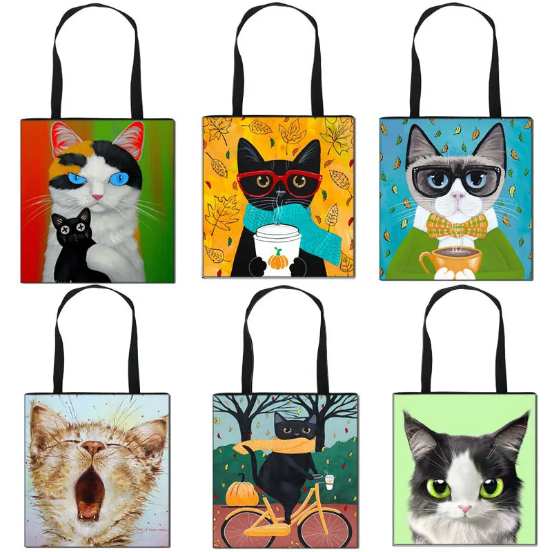 

Illustration Cartoon Cat Print Handbags For Women Girls Portable Shopping Bags Canvas Tote Bag Pouch shoulder bag Gift