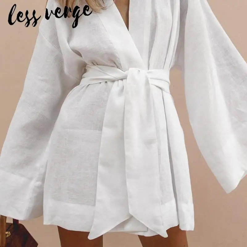 

lessverge Casual green autumn winter short dress Elegant sashes loose women dress Batwing cotton office lady beach dress kimono