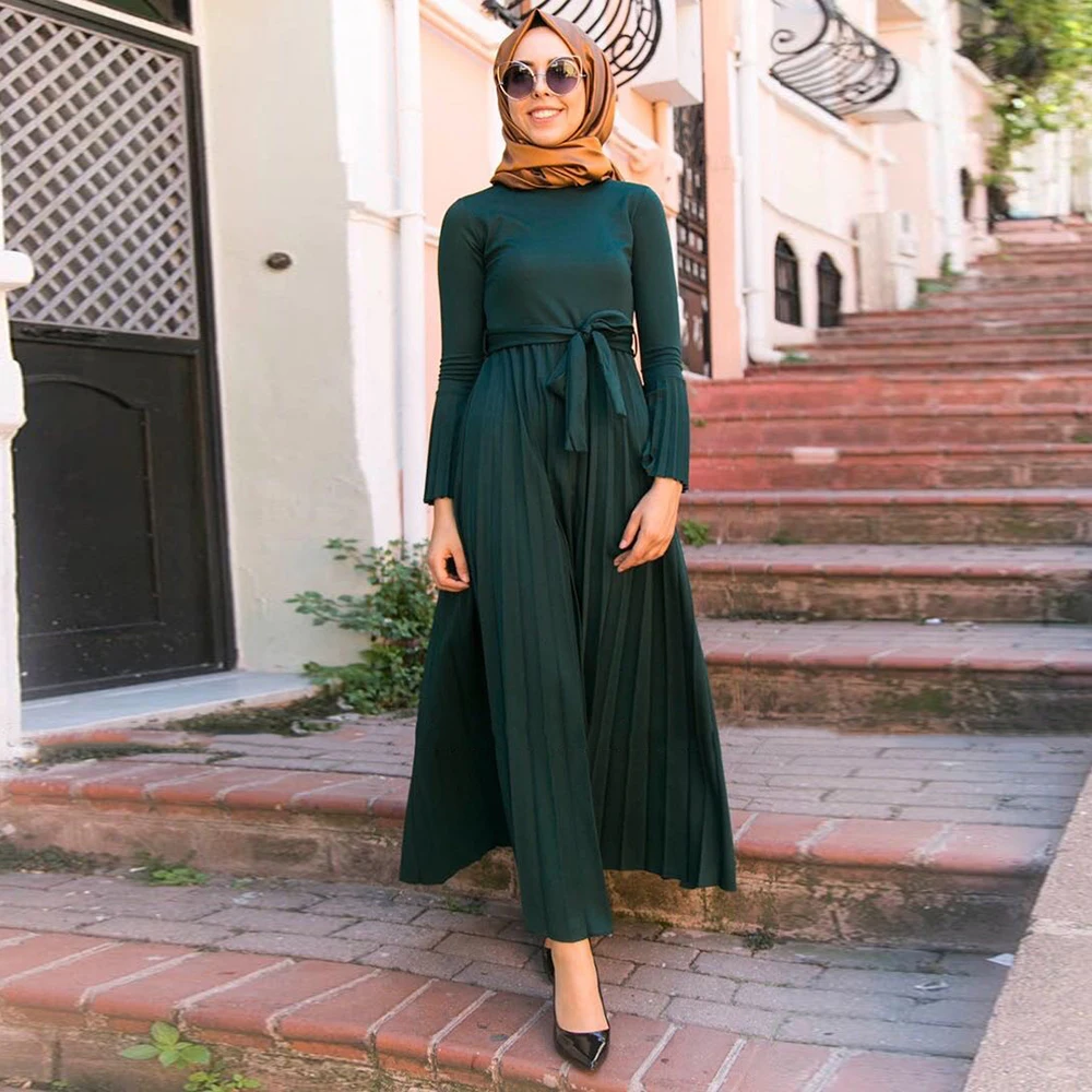 ИД Мубарак абайя 2020 Осеннее элегантное платье с круглым вырезом Платья макси