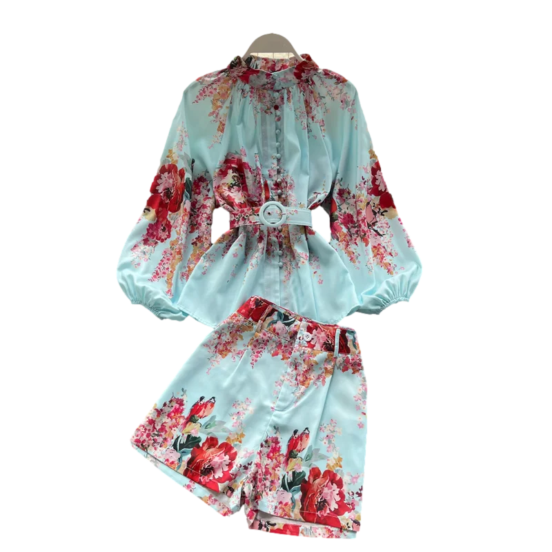 

Temperament Suit Summer New Style Ladies Stand-up Collar Puff Sleeve Shirt Printing All-match Wide-leg Shorts Two-piece GL401