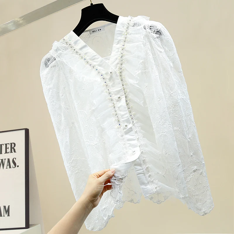 2021 Spring Women Blouse Embroidery Fashion Tops Trendy Girls Lace Hollow Out V Neck Beading Shirt Women