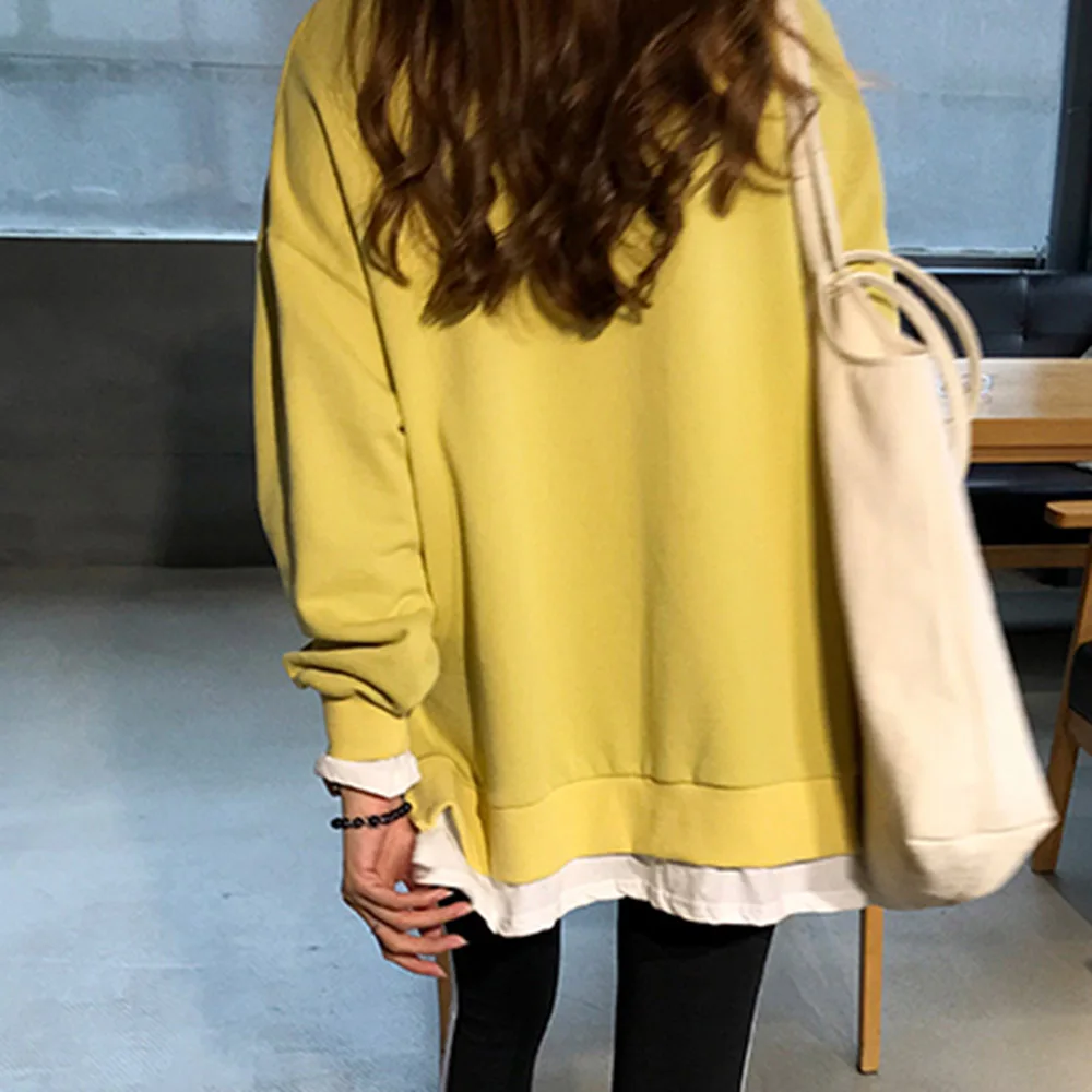 

Women Hoodie Korean Fashion Fake Two Piece Plain Pullover Oversized Casual Tops Girl's Sweet Shirts For Spring Autumn