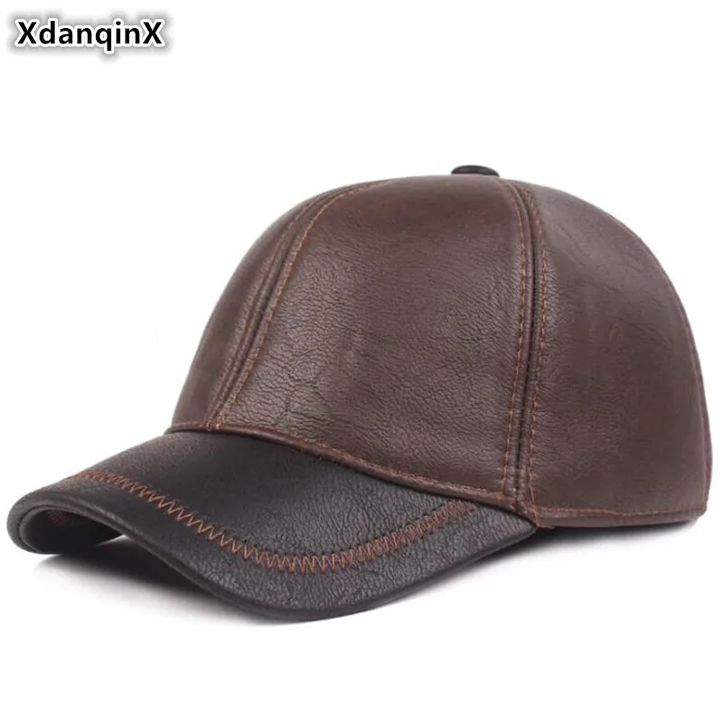 

XdanqinX Men's Winter Fur Hat Simple PU Imitation Leather Baseball Caps Men Earmuffs Hat Adjustable Size Brands Cap Snapback Cap