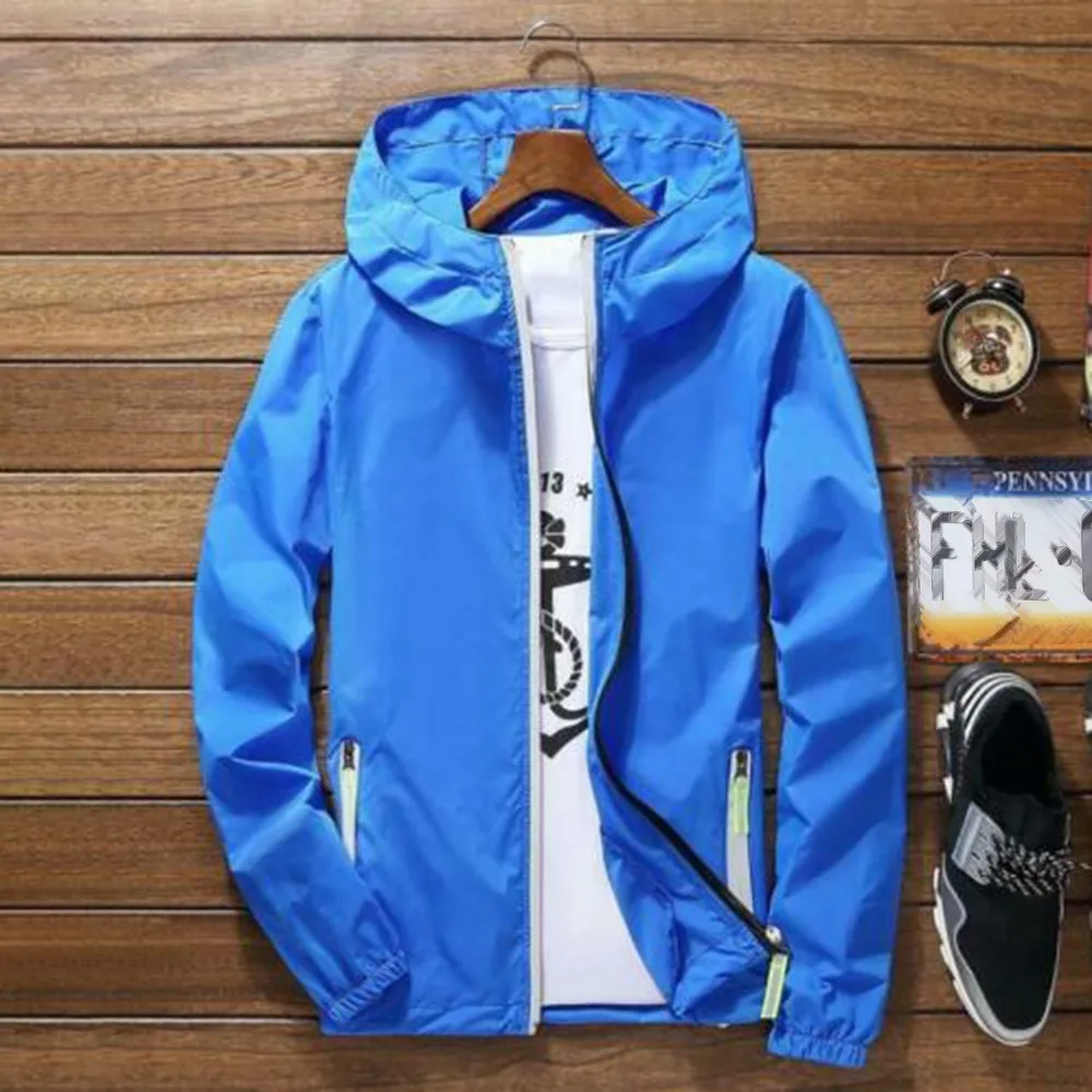 

2021 Men Waterproof Wind Breaker Bomber Jacket Hoodie Zipper Light Sports Outwear Thin Coat Quick Drying Sport Outwear Hot Sale