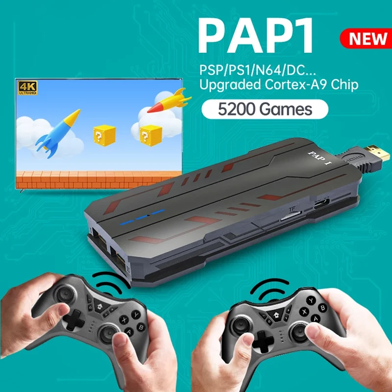 

Видеоприставка PAP 1 PS1, 32 бит, 4K, 5200 игр, 2 беспроводных геймпада
