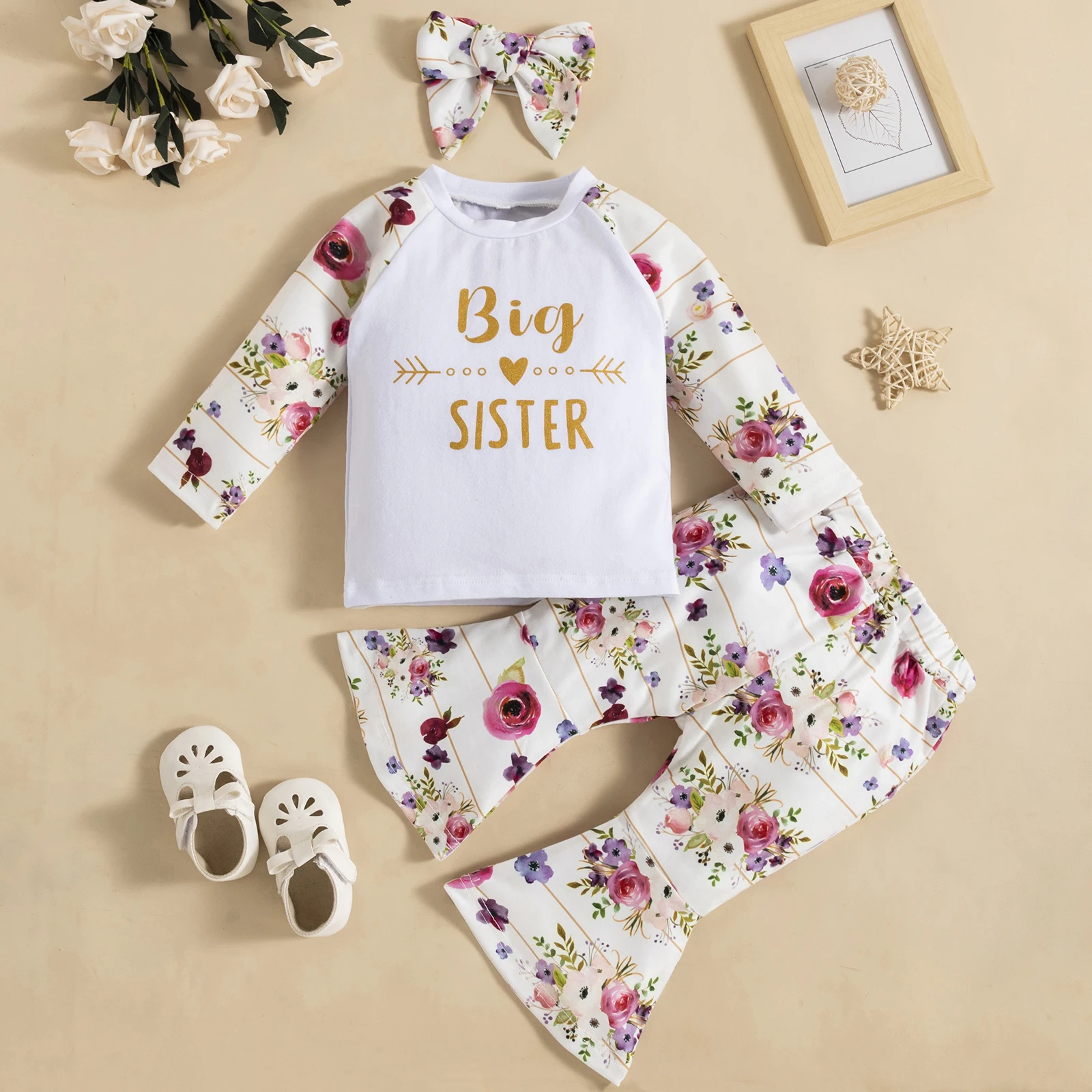 

Пуловер с цветочным принтом для девочек, расклешенные брюки, головной убор с бантом, комплекты детской одежды, 2022