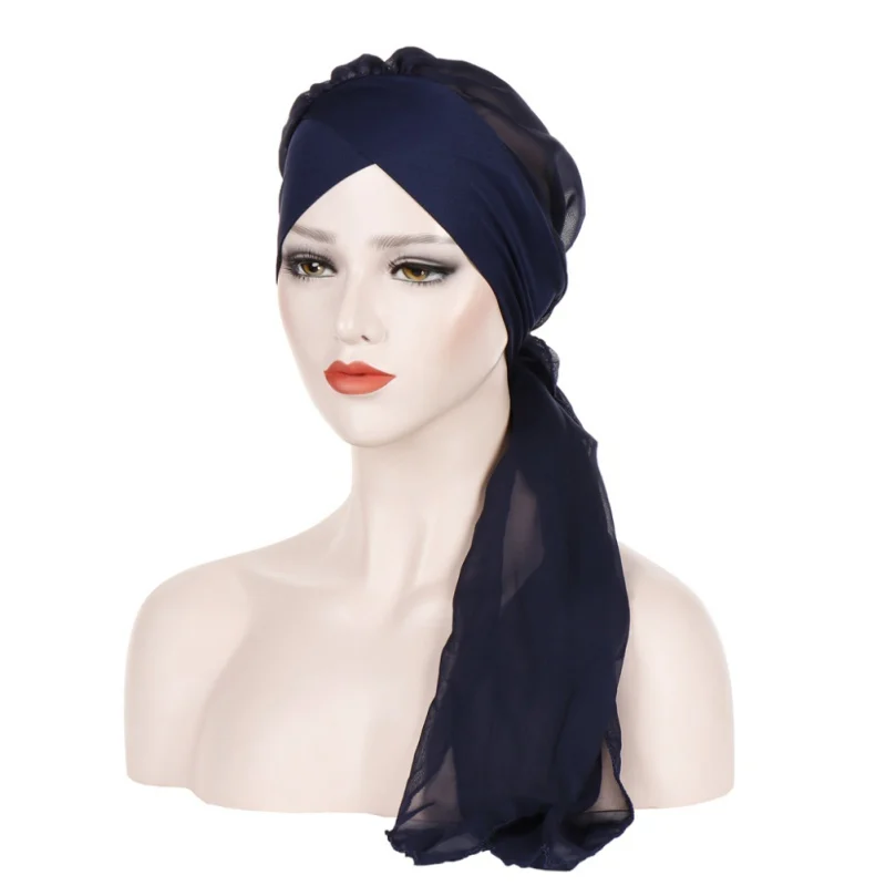 Шифоновая женская шляпа мусульманская гофрированная раковая шапка Хемо шарф Тюрбан два хвоста шапка повседневная одежда одноцветная