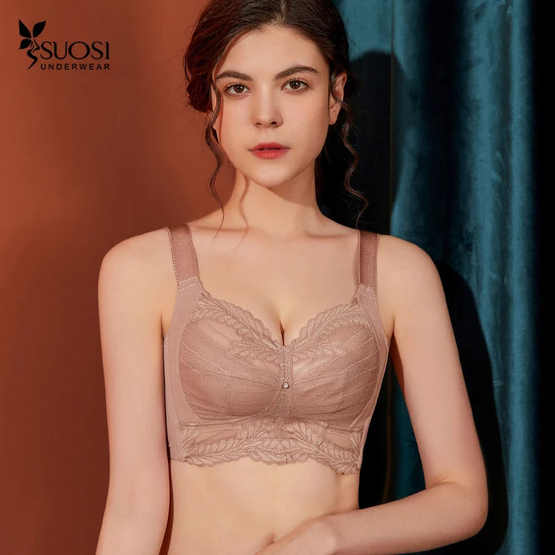 

SUOSI Lace Femme Plus Size Women's Bra Minimizer Wire Free Lingerie Thin Full Coverage Cup Adjustable Underwear Beauty Back