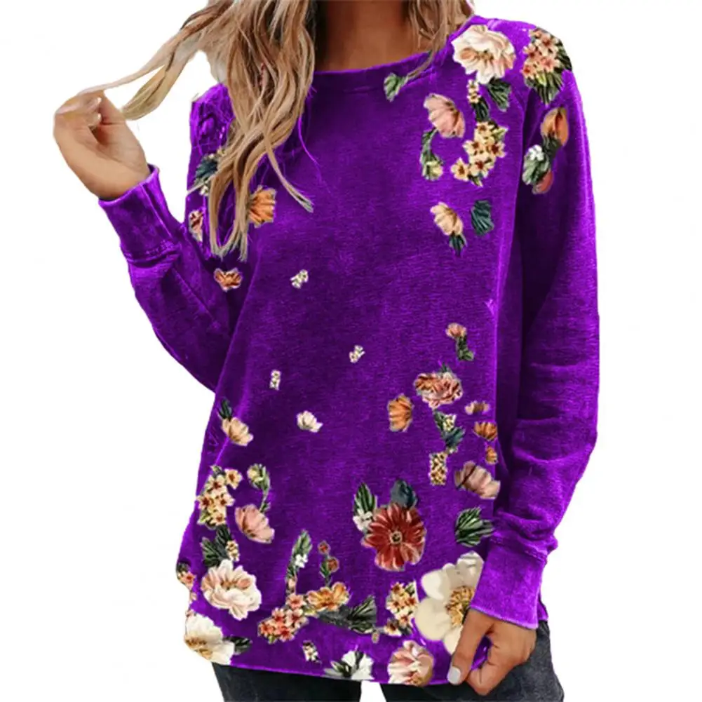 

2021 New T-shirt O Neck Long Sleeve Top Women Floral Print Blouse Pullover for Spring/Summer Daily Shirt Base Tees Tops