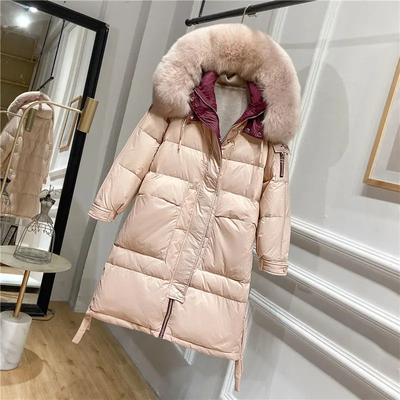 

2021 Women Winter New Real Fox Fur Collar Hooded Jacket Female Long White Duck Down Coats Ladies Loose Thicken Overcoats Q423