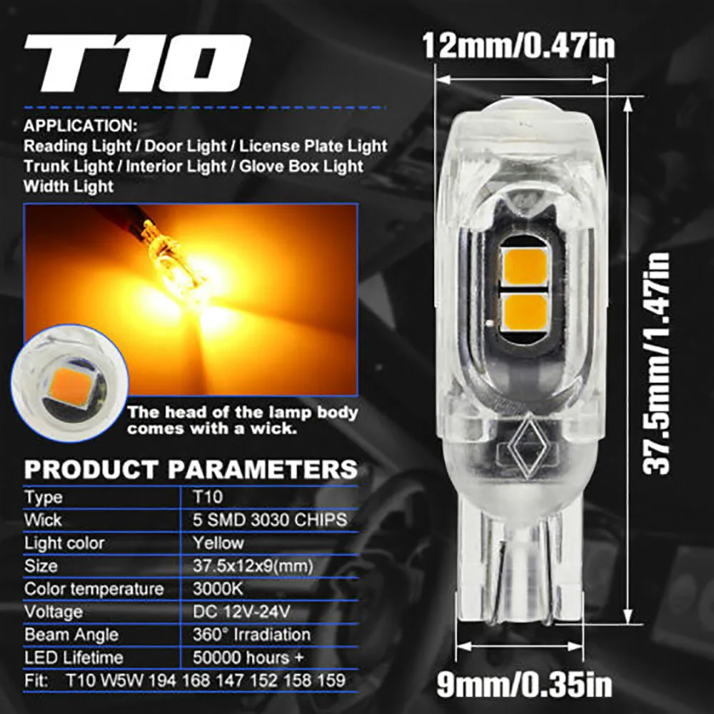 

DC 12V -24V LED Bulbs Interior Side W5W Wedge 10Pcs 194 168 37.5x12x9(mm)
