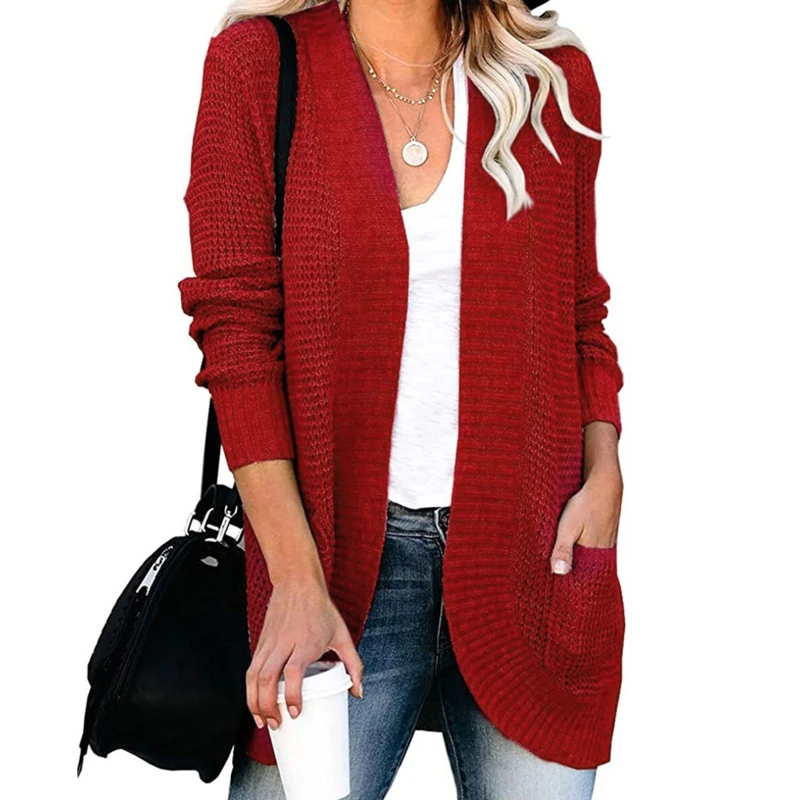 

Women Autumn Chunky Knitted Cardigan Long Sleeve Rounded Hem Sweater Coat Solid Color Casual Loose Basic Outerwear with Pockets
