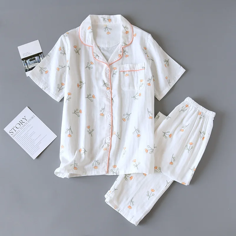 

White Print Flower 2PCS Pajamas Suit Casual Summer New Women Nightwear Intimate Lingerie Cotton Sleep Set Short Sleeve Homewear