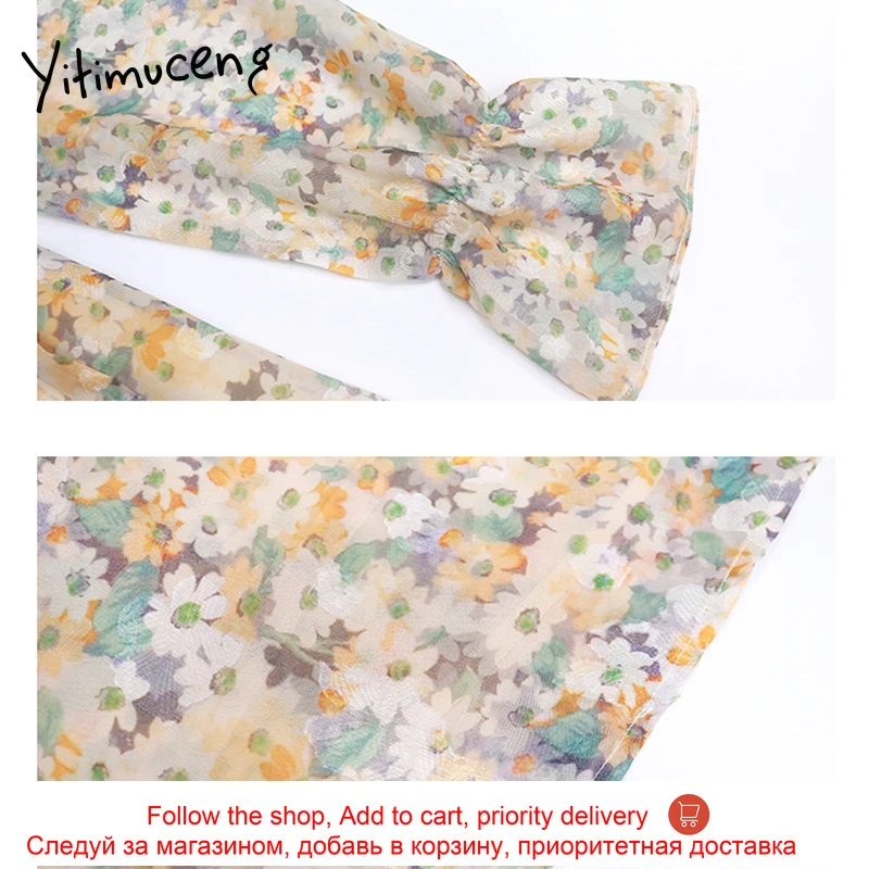 

Yitimuceng Vintage Floral Pint Mini Dresses Women V-Neck A-Line Long Sleeve Clothing 2021 Spring Fashion New Sweet Chiffon Dress