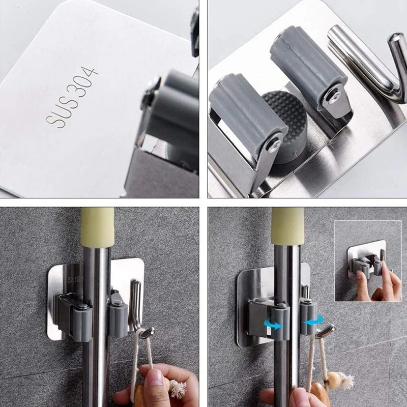 

Broom mop Holder Tidy Organizer, Wall mounted Organizer, 5 Pcs Stainless Steel Self-Adhesive mop Clip with Hook,5 Colors